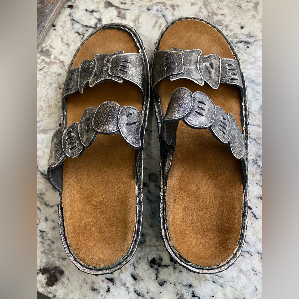 NAOT Metallic Silver/Bronze Leather Sandals with Suede Footbed